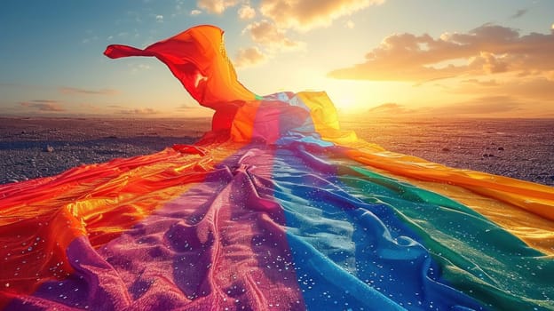 A rainbow is flowing into the ocean, with the sun setting in the background.