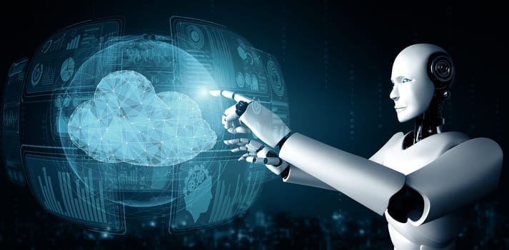 MLP 3d illustration AI robot using cloud computing technology to store data on online server. Futuristic concept of cloud information storage analyzed by machine learning process. 3D rendering illustration.