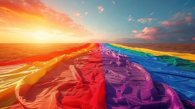 A rainbow is flowing into the ocean, with the sun setting in the background.