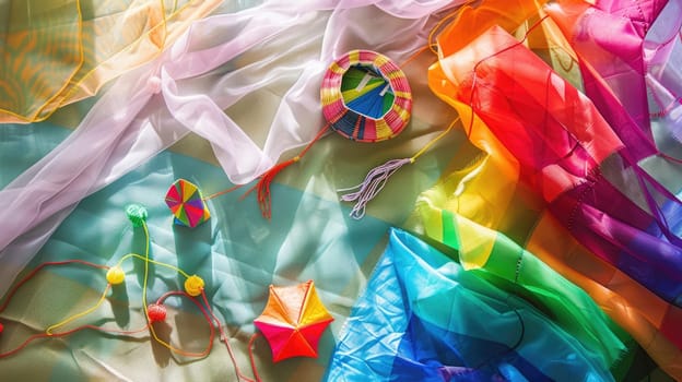 Various types of kites made of textile materials in orange, red, and electric blue colors are displayed on the table. They feature different patterns, triangles, lines, and artistic paint designs AIG50