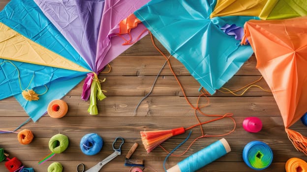 Various types of kites made of textile materials in orange, red, and electric blue colors are displayed on the table. They feature different patterns, triangles, lines, and artistic paint designs AIG50