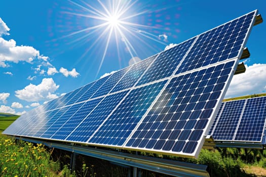 A solar panel array is shown in the sunlight, with the sun shining brightly on the panels. The panels are arranged in a way that they are angled towards the sun