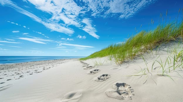 A tranquil painting of a sandy path leading to the ocean, with a cloudy sky above and the horizon blending into the natural coastal landscape AIG50
