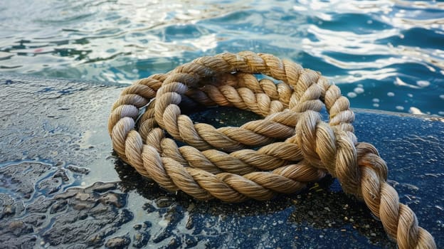 A rope is tethered to a rock by the fluid landscape of water, swaying with each wind wave. The electric blue waves create a mesmerizing art event AIG50