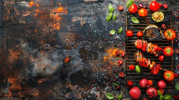 A plate of food with meat, tomatoes, oranges, and peppers.