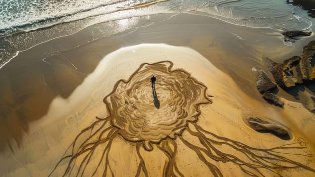 A breathtaking landscape portrayed in a stunning artwork depicting a person on a sandy beach next to the ocean, captured in exquisite detail and depth using wood as the medium AIG50