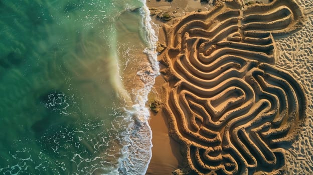 A mesmerizing sand labyrinth, created on a beach, with intricate patterns resembling a work of art. The aerial view captures the harmonious blend of natural materials and landscape AIG50