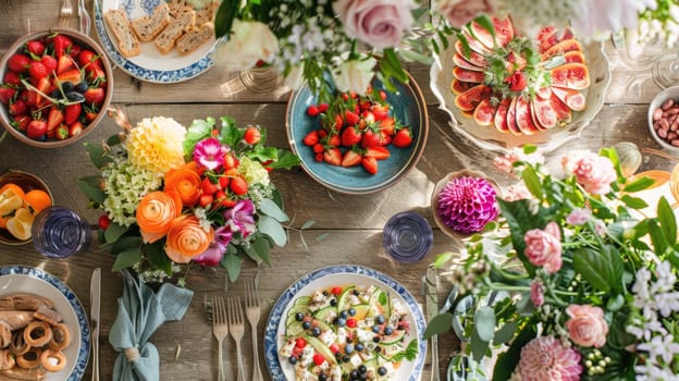 An artfully arranged table featuring a variety of dishes, garnished with fresh flowers. A beautiful display for sharing and enjoying delicious cuisine at a special event AIG50
