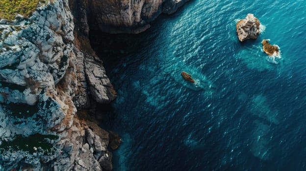 A stunning aerial view of a cliff by the ocean, where the fluid water meets the natural landscape, creating a picturesque and tranquil scene under the open sky AIG50