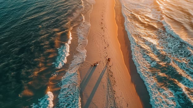 An aerial view of a group of people having a picnic on the beach, surrounded by vehicles, pollinators, insects, patterns in the landscape, woods, soil, terrestrial animals, wildlife, and beehives AIG50