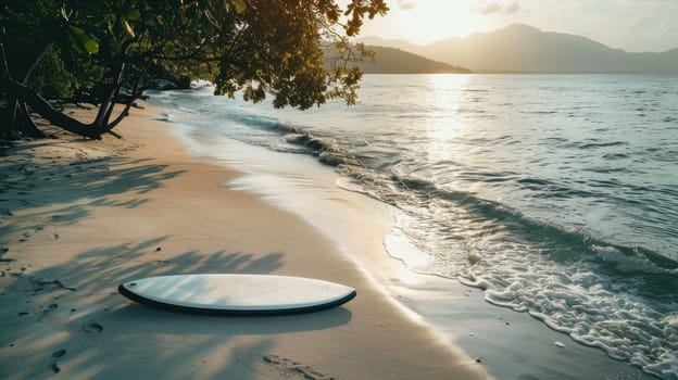 A surfboard rests on the sandy beach, overlooking the azure waters of the ocean under a clouddotted sky in this picturesque natural landscape AIG50