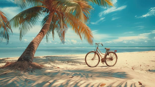A bicycle with its tire against a palm tree on the beach, under a cloudy sky with water in the background, blending with nature AIG50