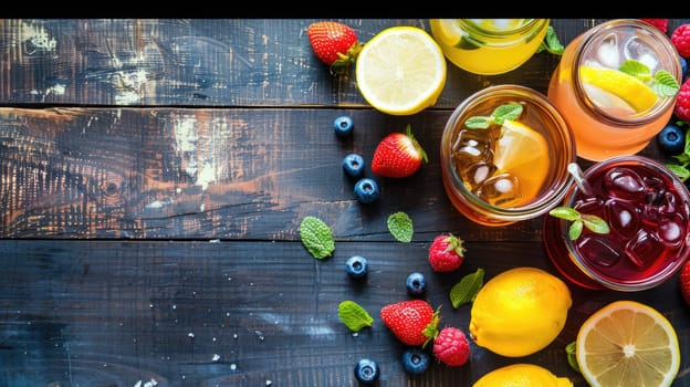 There is a variety of drinks, including natural fruitbased beverages, on the table made with ingredients such as plum tomatoes, cherry tomatoes, and bush tomatoes AIG50