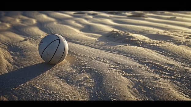 A volleyball rests atop a sandy dune overlooking the beautiful beach landscape, surrounded by aeolian landforms and hardwood flooring AIG50