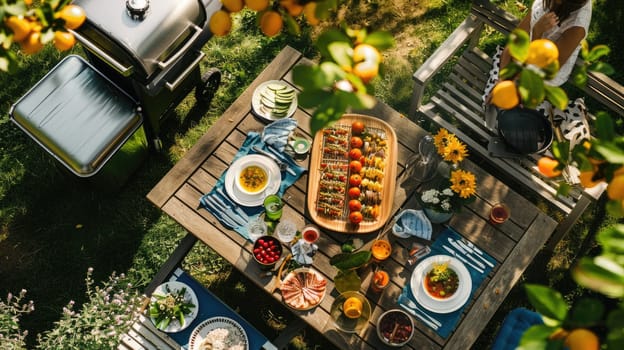 An overhead view of a table set with delicious cuisine and a barbecue grill, surrounded by lush green grass in a picturesque landscape setting AIG50