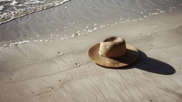 The hat rests on the sandy beach by the waters edge, under the warm sunlight. The fluid waves gently kiss the shore, creating a peaceful landscape with a wooden horizon AIG50