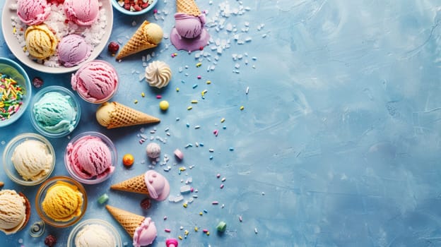 Various types of ice cream and berries displayed on an electric blue background, creating an artistic and refreshing scene reminiscent of summer fun AIG50