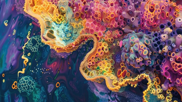 An electric blue painting of a coral reef with vibrant sponges and corals, showcasing the beauty of marine organisms through art and entertainment AIG50