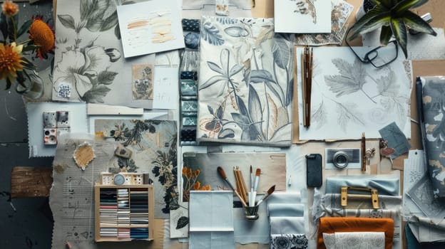 A fusion of pictures and fabrics on a wall creates a stunning collage of art. Electric blue petals, flowers, and paper products add a unique touch to the facade AIG50