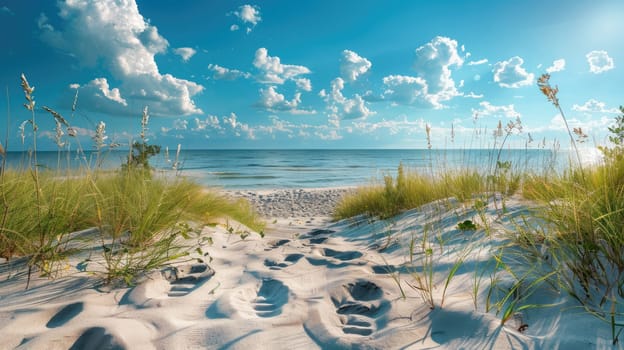A tranquil painting of a sandy path leading to the ocean, with a cloudy sky above and the horizon blending into the natural coastal landscape AIG50