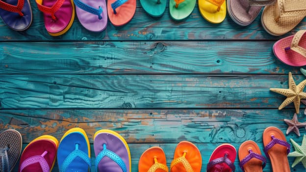 A colorful array of flip flops displayed on a rustic wooden table. The electric blue and magenta hues create an eyecatching pattern, perfect for a summer event snapshot AIG50