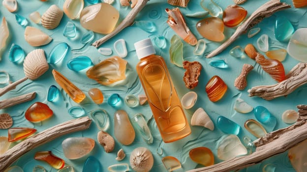 A bottle of paint sits amongst sea glass and driftwood, creating a unique art sculpture combining wood, glass, and water elements AIG50