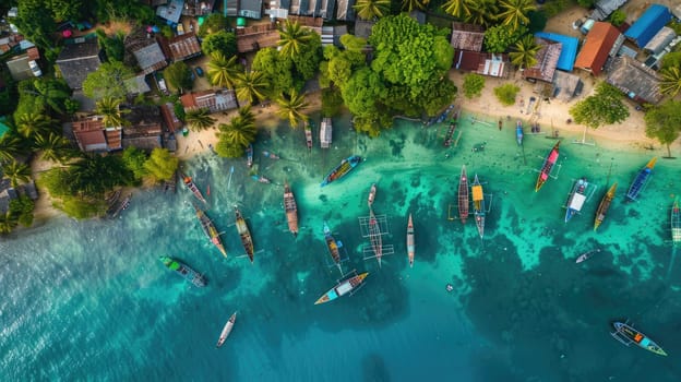 A stunning aerial view of a tropical island with boats floating in the crystalclear water, surrounded by lush greenery and palm trees AIG50