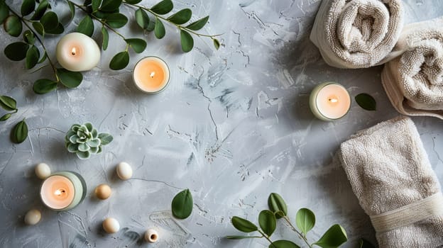 The table is adorned with a beautiful display of candles and flowers, including yellow chamomile blooms. The combination creates a serene and artistic atmosphere AIG50