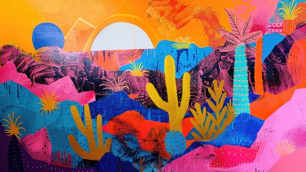 A closeup of a vibrant abstract painting depicting a magenta wind wave pattern, resembling a liquid landscape. The colors blend like water in motion AIG50