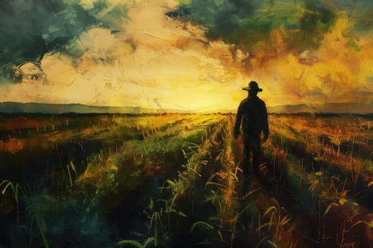 Portrait of young skilled farmer working at rice field sunset with golden ray. Smart agricultural people or researcher checking his crop while standing at farm. Agriculture sustainable concept. AIG42.