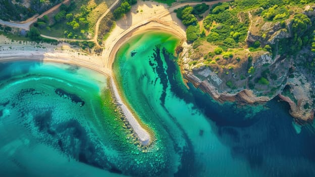 Capturing the mesmerizing patterns of waves crashing on a beach from an aerial view using macro photography, showcasing shades of electric blue against the sandy shore AIG50