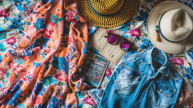 Aqua picnic blanket with a military camouflage hat, electric blue sunglasses, a book, and flowers on it AIG50