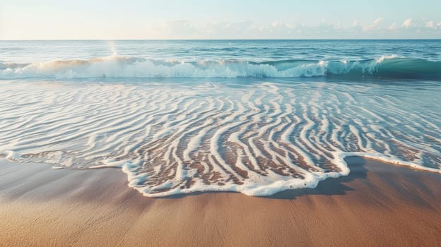 A close up of a sandy beach with waves crashing onto the shore, showcasing the beauty of natures water and wind waves in a natural landscape AIG50