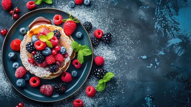 A stack of pancakes topped with strawberries and blueberries on a plate. The perfect combination of sweet fruit and fluffy pancakes, a delicious breakfast choice AIG50