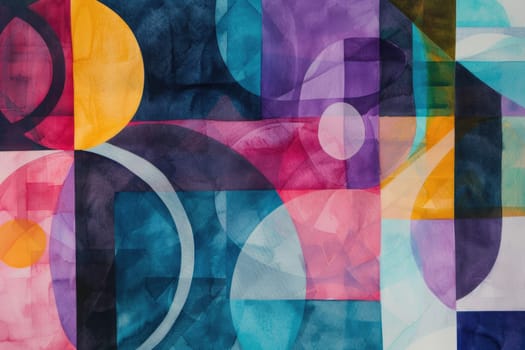 A colorful abstract painting with geometric shapes. The colors are bright and bold, including blues, greens, yellows, and reds. The geometric shapes include squares, rectangles, and circles. AIG42.