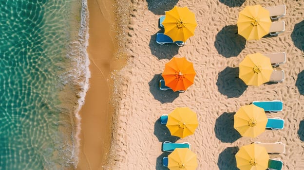 A circle of people enjoying a beach event, sitting under colorful umbrellas. The symmetry of their patterns creates an artistic scene against the worlds backdrop AIG50