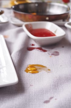 foods spilled over the breakfast table