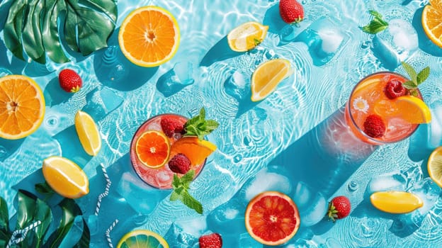 Aqua art transforms a swimming pool into a vibrant oasis filled with floating fruits and leaves, creating a mesmerizing display of color and nature AIG50