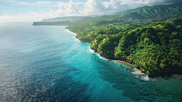 A breathtaking aerial view of a cliff above the ocean with stunning natural landscape, water merging with the sky, and terrestrial plants lining the beach AIG50