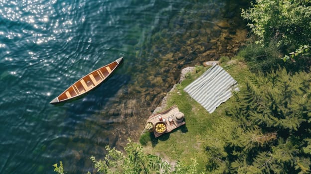 An aerial view of two boats peacefully floating on the serene lake surrounded by natural landscape with trees, grass, and other terrestrial plants AIG50