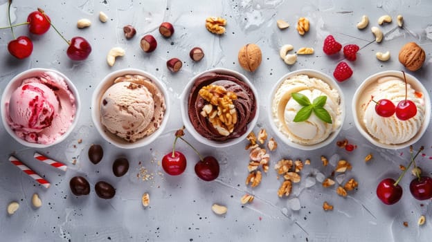 There is a variety of ice cream flavors in the bowls, featuring different ingredients and produce. This dessert is a favorite food item in many cuisines AIG50