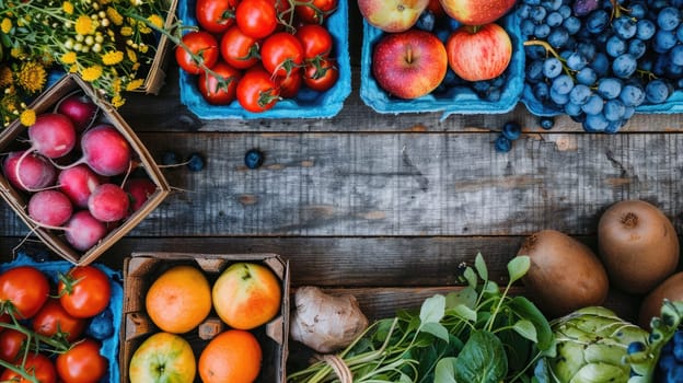 A wooden table adorned with a colorful array of fruits and vegetables, showcasing local food ingredients for wholesome recipes and natural whole foods AIG50