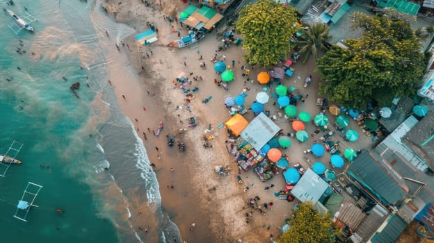 A birdseye view of a beach with colorful umbrellas and tents, surrounded by water and an urban design landscape. Perfect spot for leisure and recreation in the city AIG50