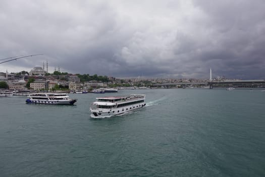 Turkey istanbul 18 july 2023. Transport ferry in the Bosphorus. Ferryboat carries passengers.