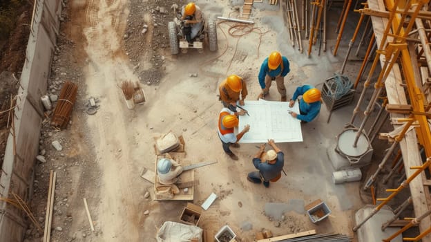 Construction workers examining a blueprint amidst the scenic landscape, with water and art enhancing the building's architecture. AIG41