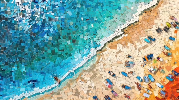 A stunning mosaic painting depicting the beauty of nature with seashells and starfish on a beach. The artwork captures the essence of the natural world in electric blue hues AIG50