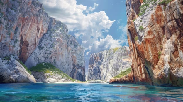 A boat navigates through a canyon alongside a tranquil body of water, surrounded by towering bedrock and a picturesque natural landscape AIG50