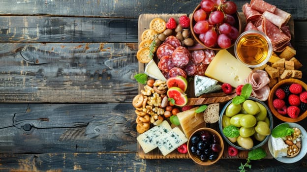 A wooden cutting board displaying an assortment of natural foods like leaf vegetables, vegetables, and ingredients, set on a wooden table for a cuisine event AIG50