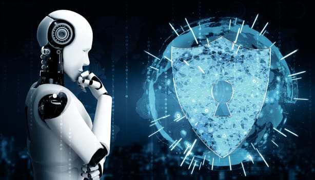 MLP 3d illustration AI robot using cyber security to protect information privacy. Futuristic concept of cybercrime prevention by artificial intelligence and machine learning process. 3D rendering illustration.