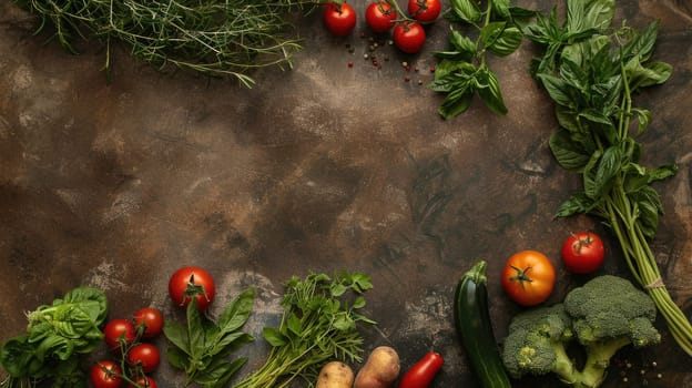 The table is adorned with a variety of plants and flowers including vegetables and flowering plants. The assortment includes fruits, petals, and grass, creating a beautiful natural food landscape AIG50